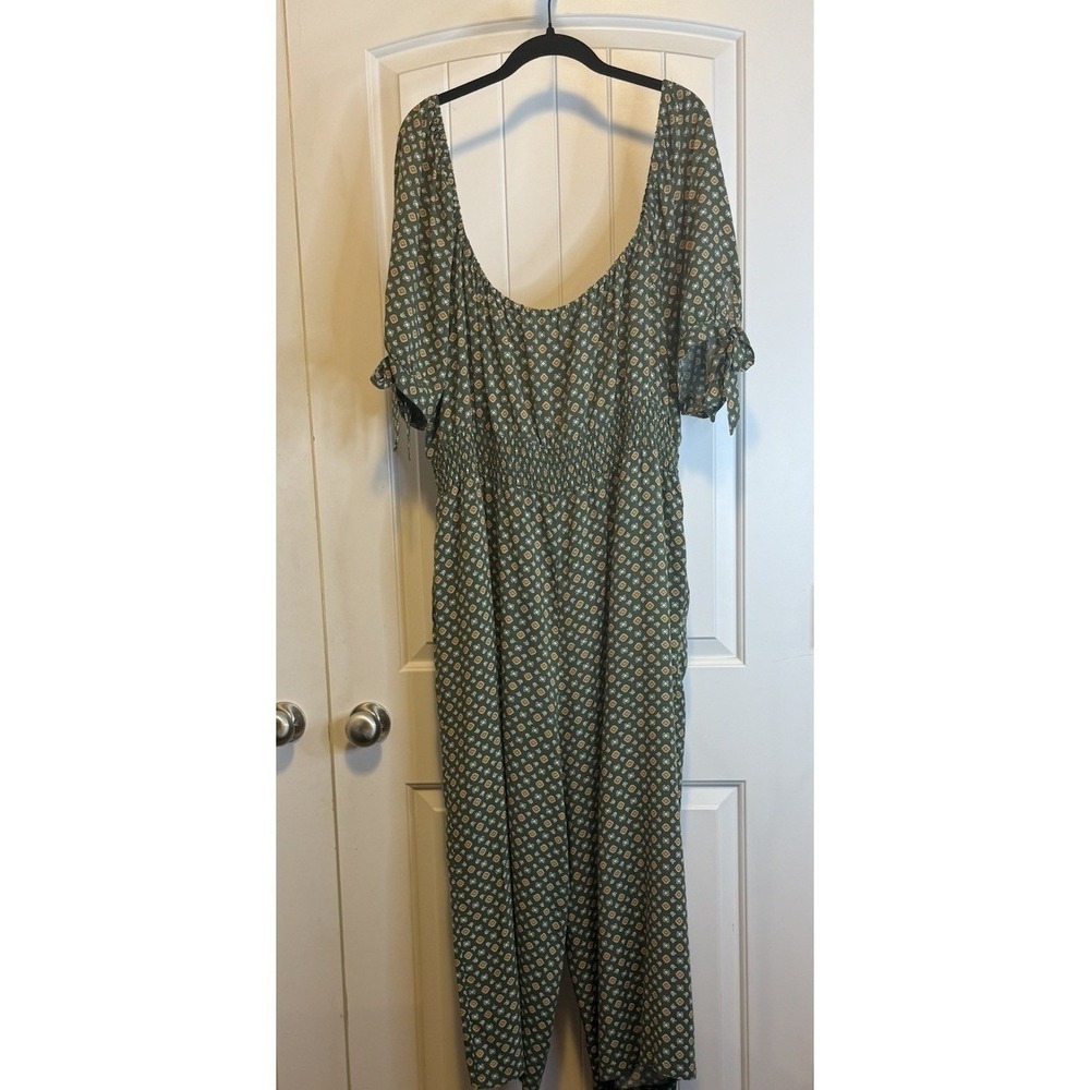 AUW Women's Olive Green Gold Floral Print Wide Leg Crop Jumpsuit Rayon Sz 3X - Picture 9 of 16